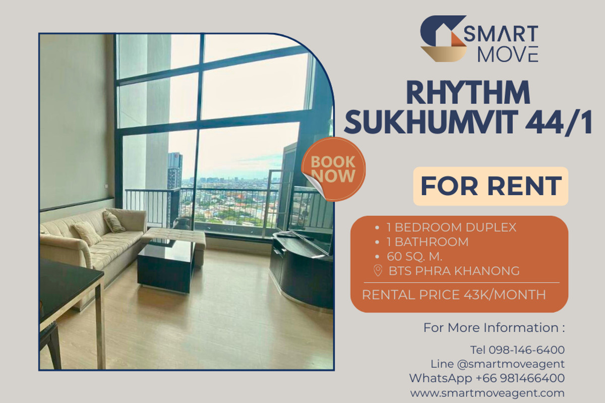 For RentCondoOnnut, Udomsuk : 🔥 For Rent !! nice view, Spacious room, high floor 29++, rare item, East Facing!! 🔥 Code C20230203204..........Rhythm Sukhumvit 44/1, 1 bedroom Duplex, 1 bathroom, furnished, ready to move in📣📣