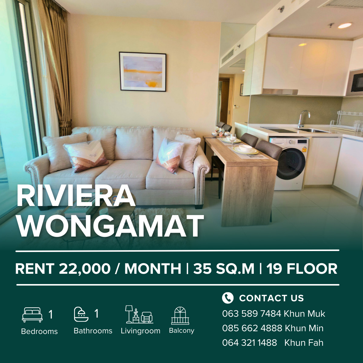 ให้เช่าคอนโดพัทยา บางแสน ชลบุรี สัตหีบ : 🔥 For Rent – The Riviera Wongamat | 22,000 THB/month | 35 SQ.M. | 19 Floor | City & sea View 🌆