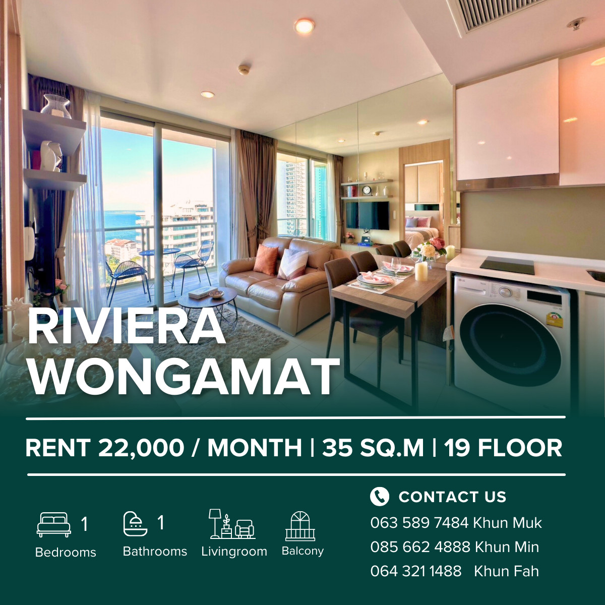 ให้เช่าคอนโดพัทยา บางแสน ชลบุรี สัตหีบ : 🔥 For Rent – The Riviera Wongamat | 22,000 THB/month | 35 SQ.M. | 19 Floor | City & sea View 🌆