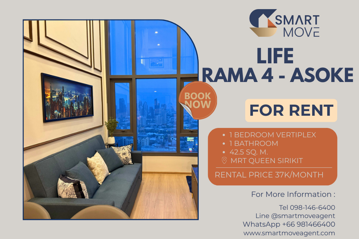 For RentCondoKhlongtoei, Kluaynamthai : 🔥 For Rent !! high floor 33++, nice view !! 🔥 Code C20251200002..........Life Rama 4 - Asoke, 1 bedroom Vertiplex, 1 bathroom, furnished, ready to move in 📣📣