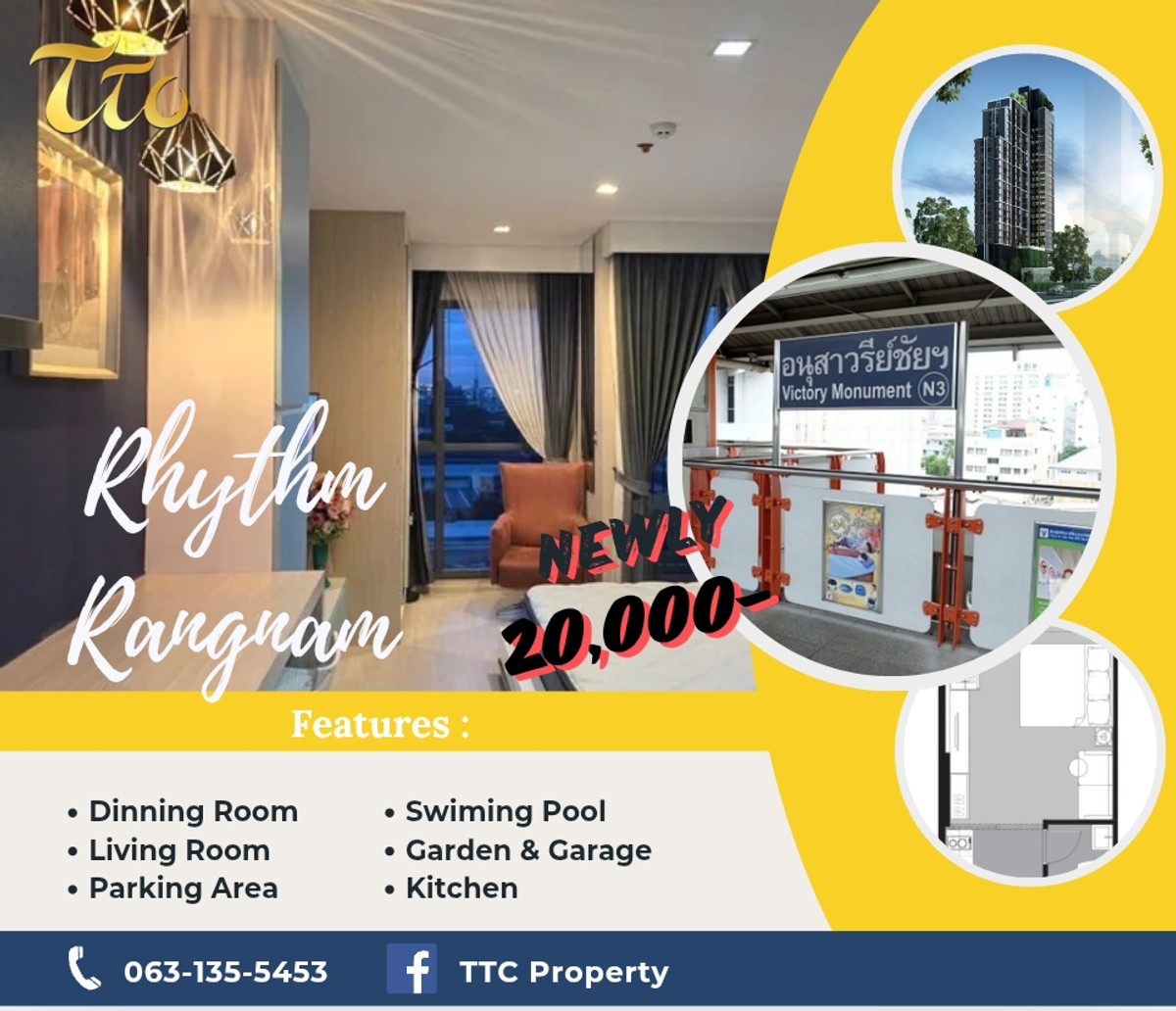 ให้เช่าคอนโดราชเทวี พญาไท : New Room Coming 🔥🔥🔥 Rhythm Rangnam Studio 28 Sqm Fullyfurnish , Welcome Foreign 20,000-