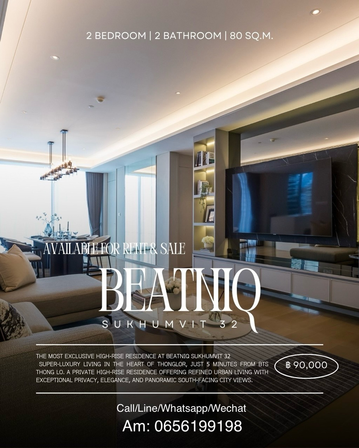 คอนโดสุขุมวิท อโศก ทองหล่อ : Beatniq Sukhumvit 32:  250m.to BTS Thonglor 2bed 2bath  80.26sqm Sell: 24,900,000 Rent: 90,000/mth. Am: 0656199198