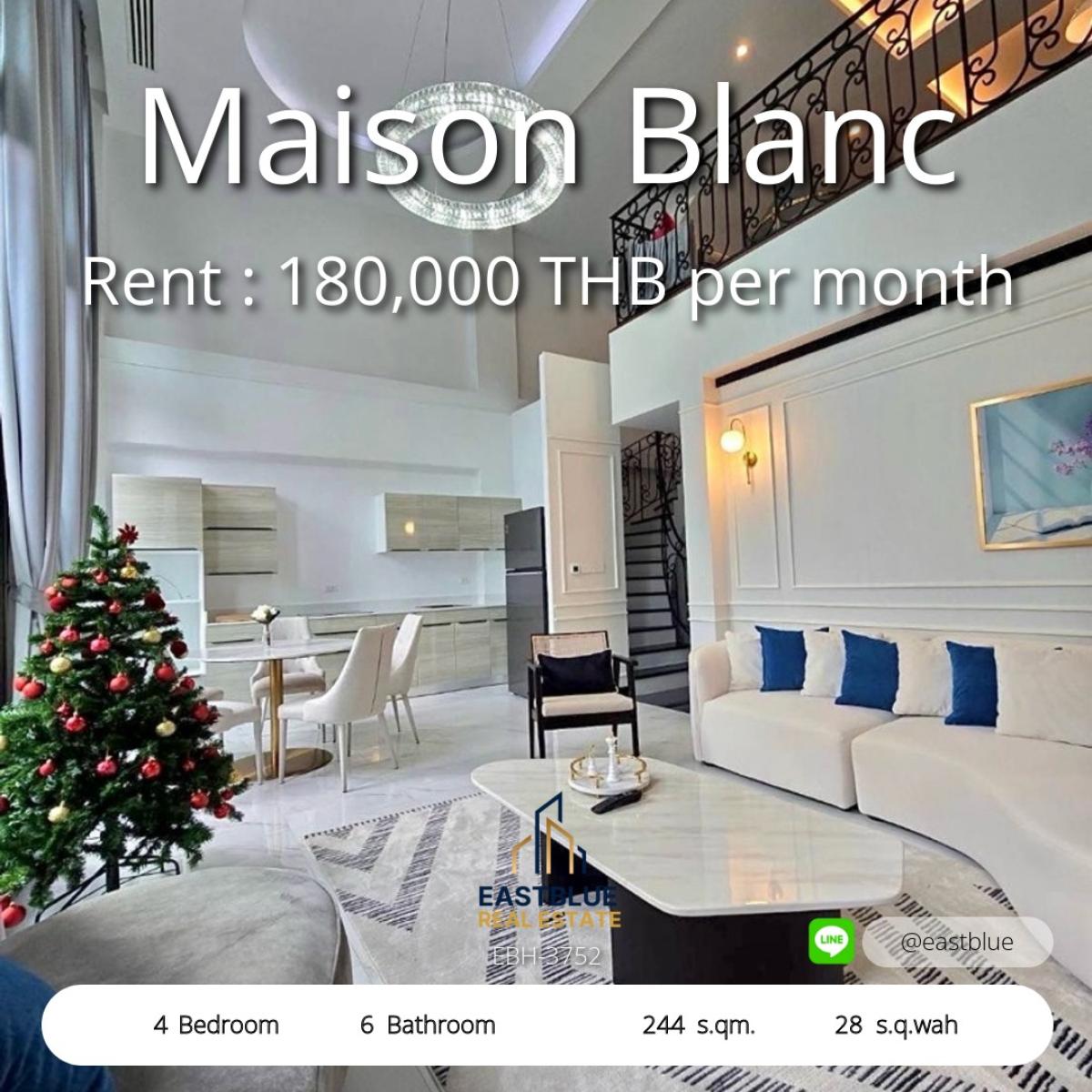ให้เช่าทาวน์โฮมสุขุมวิท อโศก ทองหล่อ : Luxury 4 Bed Maison Blanc บ้านหรู 244 ตรม. พร้อมที่ดิน 28 ตร.ว. 
เช่าเพียง 180,000 บาท/เดือน โอกาสดีเพื่อทุกครอบครัว!