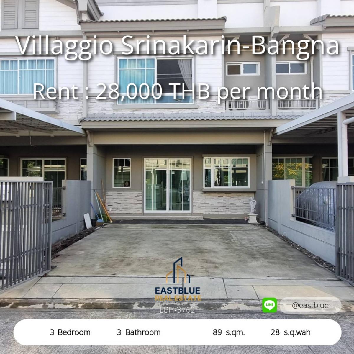 For RentTownhomeBangna, Bearing, Lasalle : Townhome for rent, 3 bedrooms, Villaggio Srinakarin-Bangna Ready to move in! 
Beautiful house 89 sq m. on land 28 sq m., only 28,000 baht/month.
