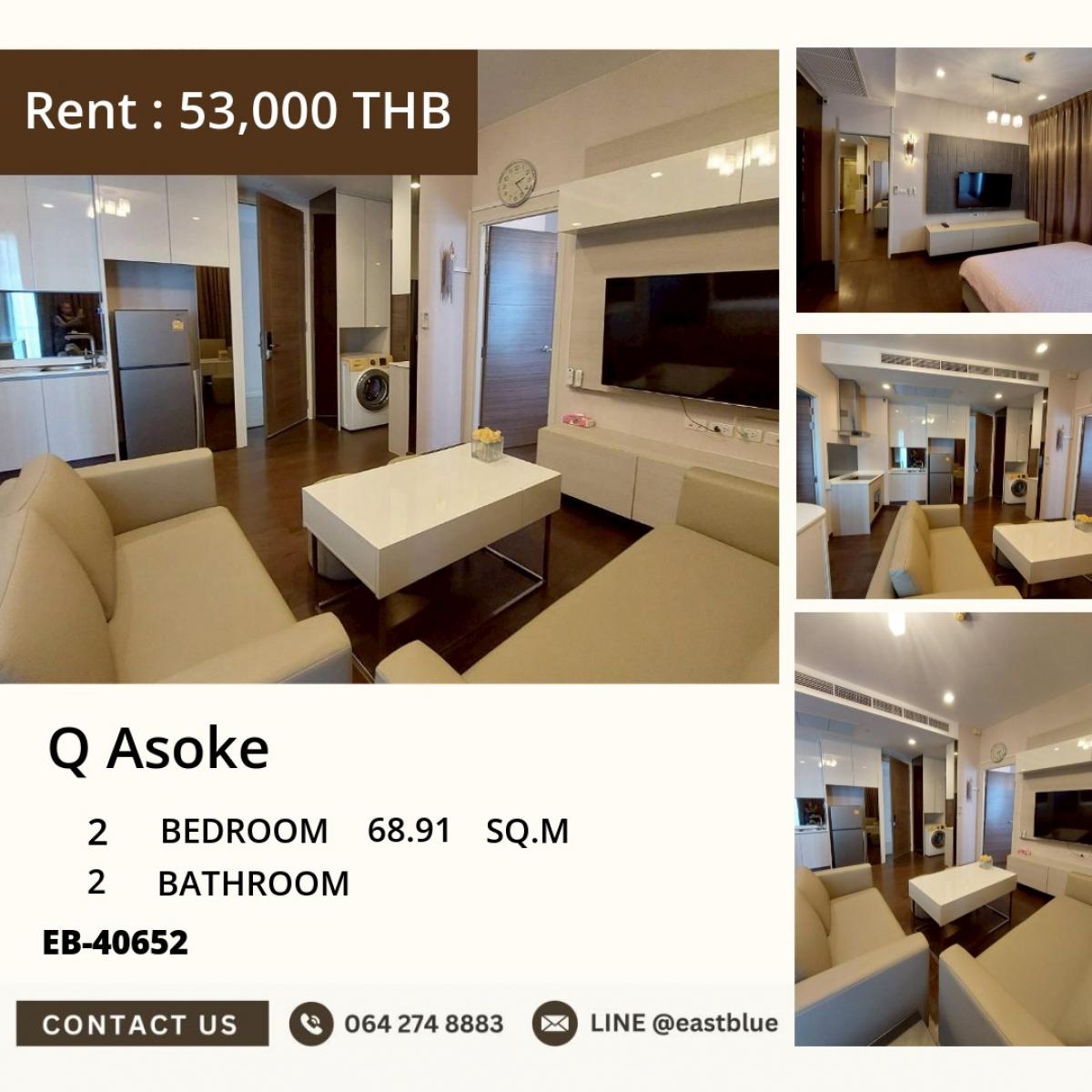 For RentCondoRama9, Petchburi, RCA : Beautiful and complete! 2 bedrooms at Q Asoke, near BTS/MRT Phetchaburi, only 53,000 baht/month
with a swimming pool, fitness center, and full amenities!