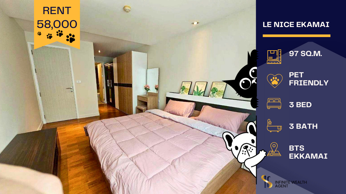 For RentCondoSukhumvit, Asoke, Thonglor : 🐾 Rare pet-friendly condo in Ekkamai! 🐾 Le Nice Ekamai Only 58,000 THB/month 💎 Spacious 3 Bedrooms, 3 Bathrooms 🛏️🚿 Fully furnished and ready to move in 🛋️