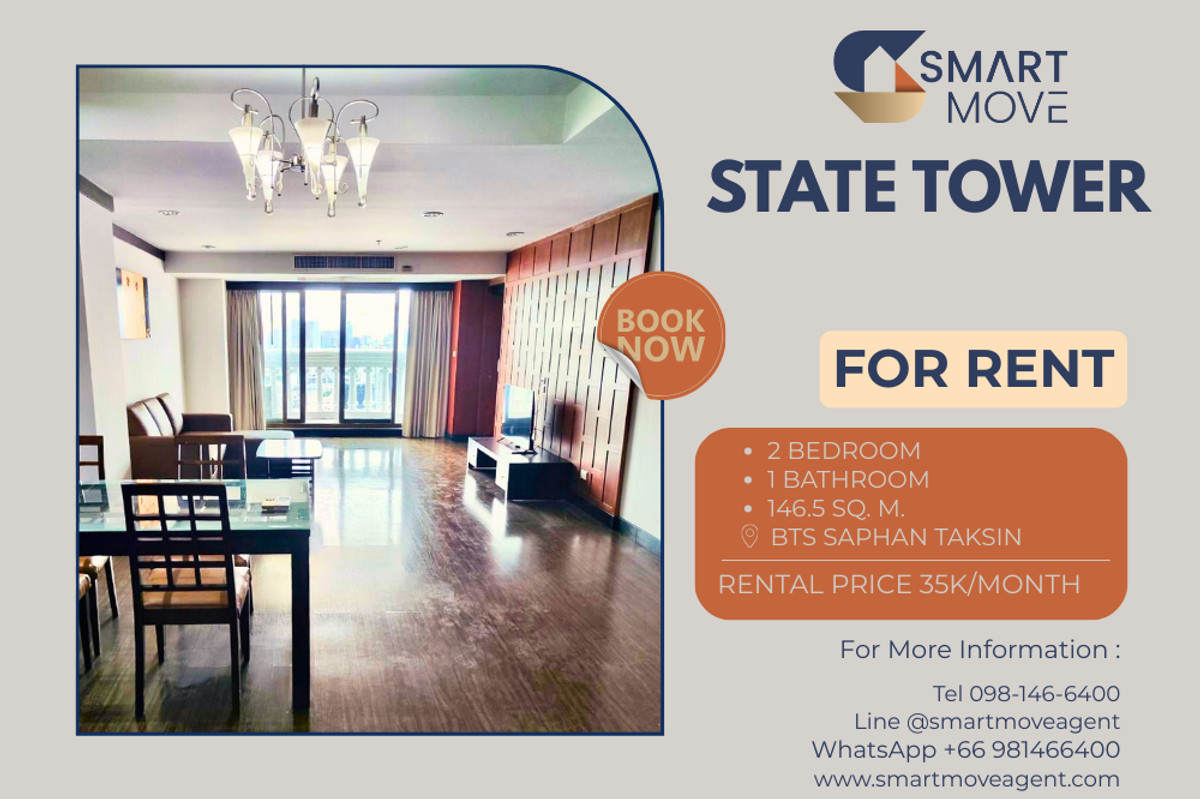 For RentCondoSilom, Saladaeng, Bangrak : 🔥 For Rent !! big size, high floor 40++, Newly renovated!!🔥 Code C20231100352..........State Tower, 2 bedroom, 1 bathroom, furnished, ready to move in📣📣