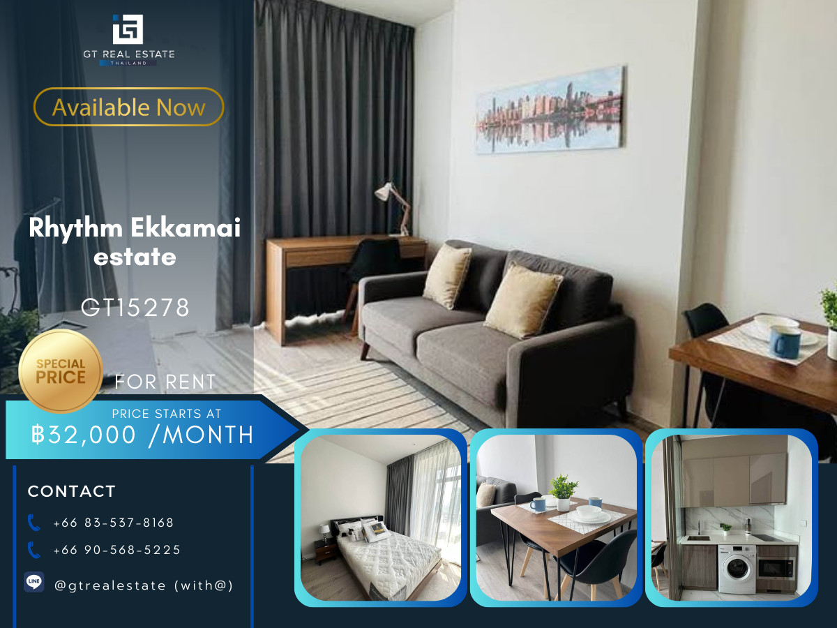 For RentCondoSukhumvit, Asoke, Thonglor : Rhythm Ekkamai Estate Condo, convenient travel, close to BTS, there is a shuttle, beautiful room, fully furnished, ready to move in!!