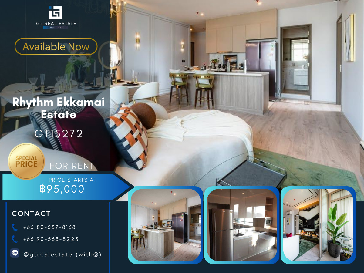 For RentCondoSukhumvit, Asoke, Thonglor : Condo Rhythm Ekkamai Estate, convenient travel, near BTS, there is a shuttle, beautiful room, fully furnished, ready to move in.