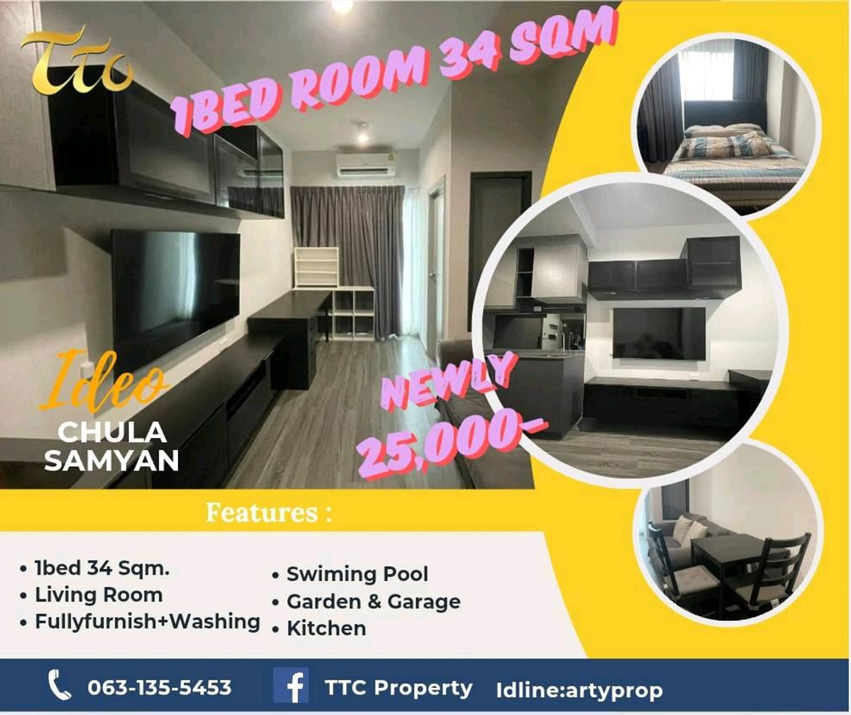 ให้เช่าคอนโดสยาม จุฬา สามย่าน : Black Room ♣️ Ideo Chula Samyan 1bed 34 Sqm Fullyfurnish ♠️ , Welcome Foreign 25,000-