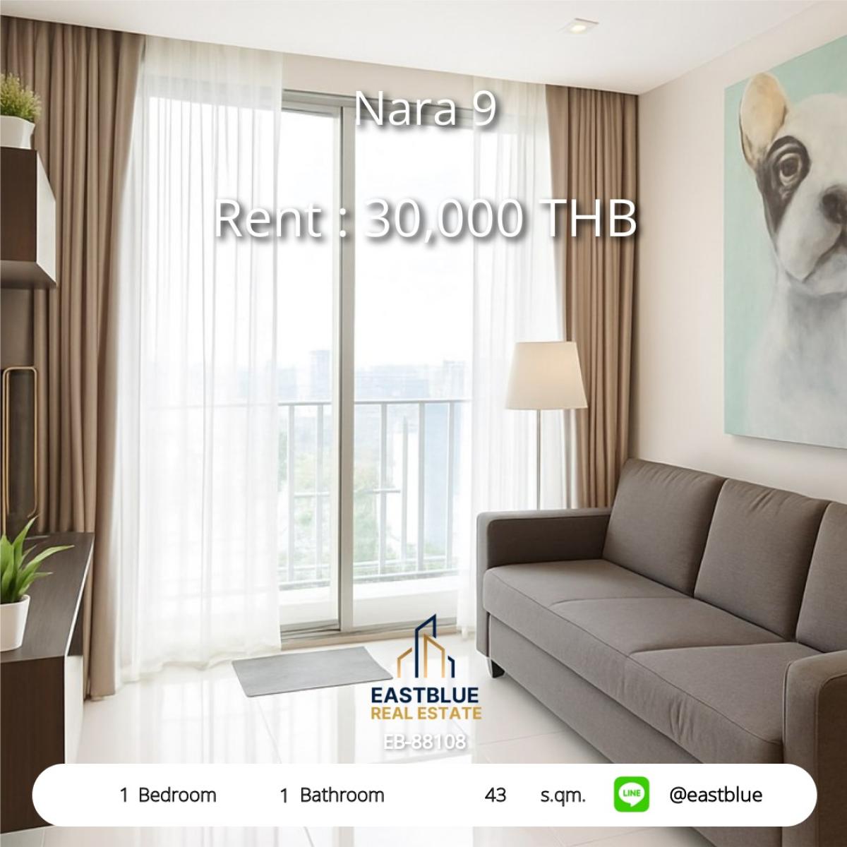 For RentCondoSathorn, Narathiwat : Rent Nara 9, modern, near BTS/MRT, 1 bedroom, 43 sq.m.
With swimming pool, fitness center, and rooftop garden, only 30,000 baht/month!