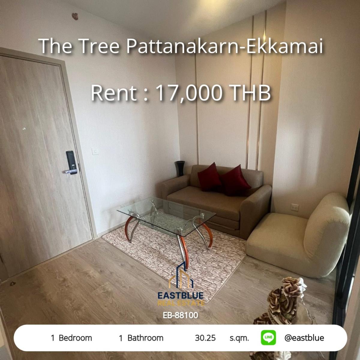 ให้เช่าคอนโดพระราม 9 เพชรบุรีตัดใหม่ RCA : คอนโดพร้อมอยู่ ใจกลางพัฒนาการ-เอกมัย สำหรับเช่า 17,000 บ./ด. 
The Tree Pattanakarn-Ekkamai 1 ห้องนอน ขนาด 30.25 ตร.ม. ใกล้ BTS/MRT!