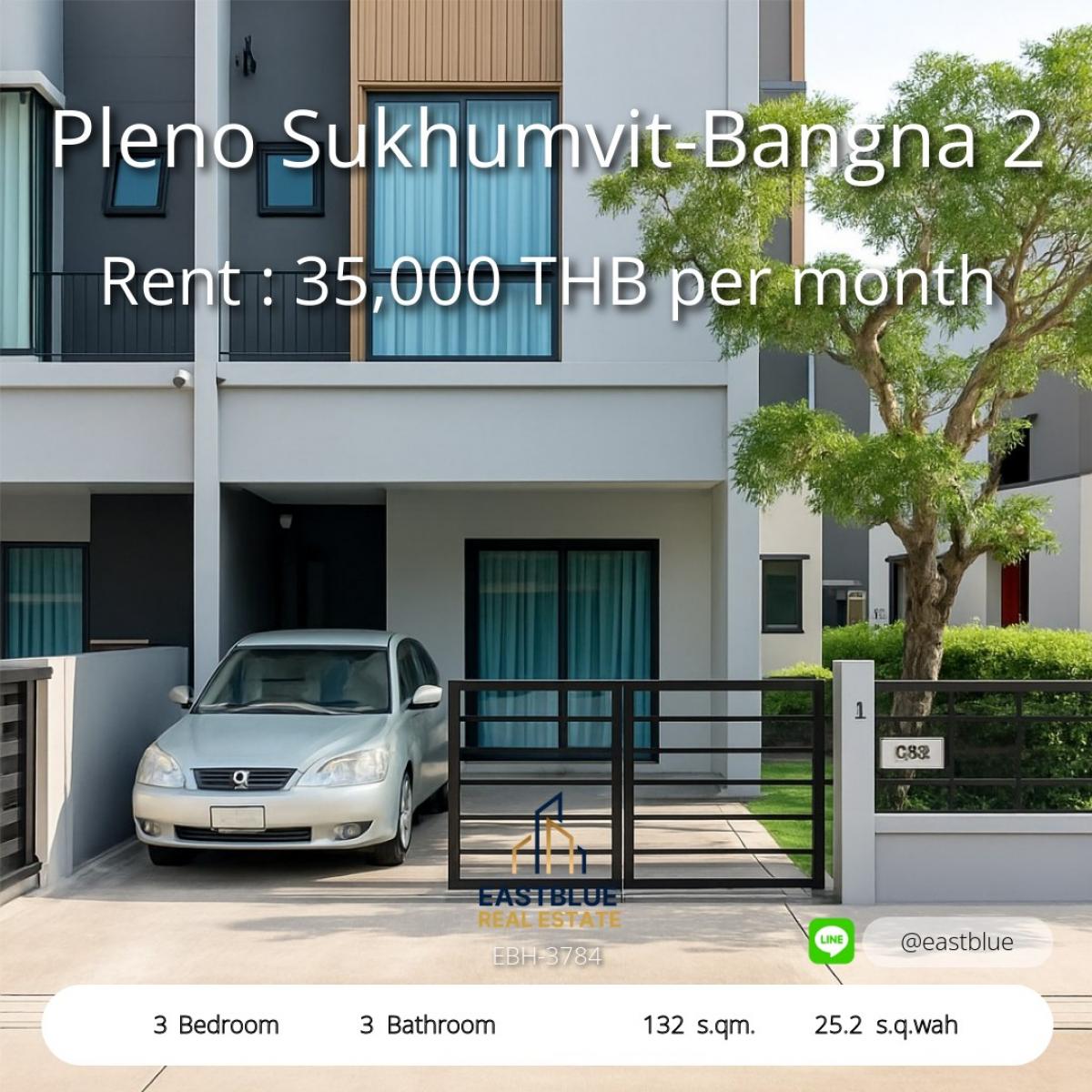 ให้เช่าทาวน์โฮมบางนา แบริ่ง ลาซาล : เช่าทาวน์โฮม 3 ห้องนอน Pleno สุขุมวิท-บางนา พร้อมสวนและสระว่ายน้ำ 
ราคา 35,000 บาท/เดือน พื้นที่ใช้สอยกว้าง 132 ตร.ม. พร้อมเข้าอยู่ทันที