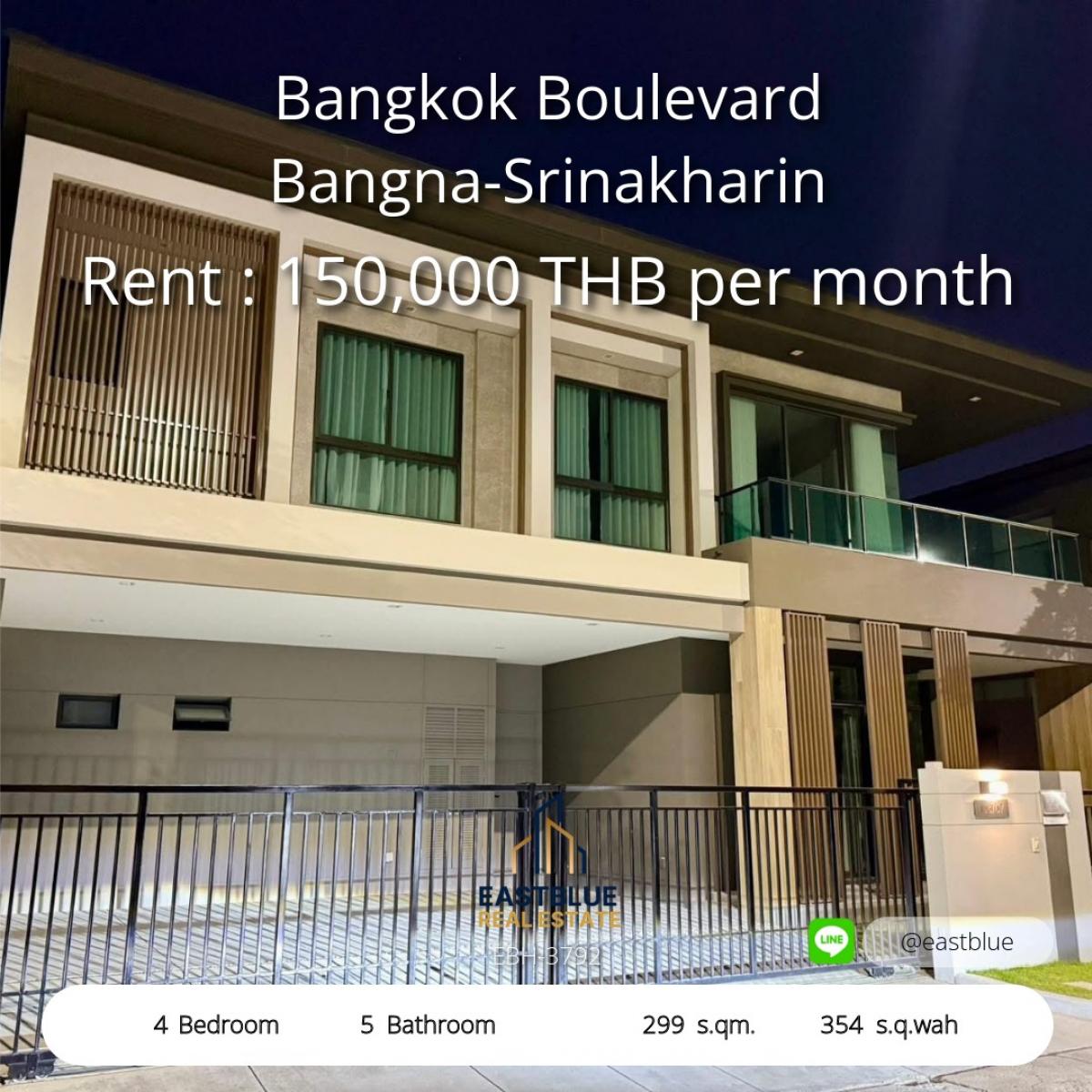 ให้เช่าบ้านบางนา แบริ่ง ลาซาล : Luxury 4 Bed Grand Home at Bangkok Boulevard Bangna-Srinakharin 
Spacious 299 sqm on 354 sq.wah – Rent Now for 150,000 THB/month!