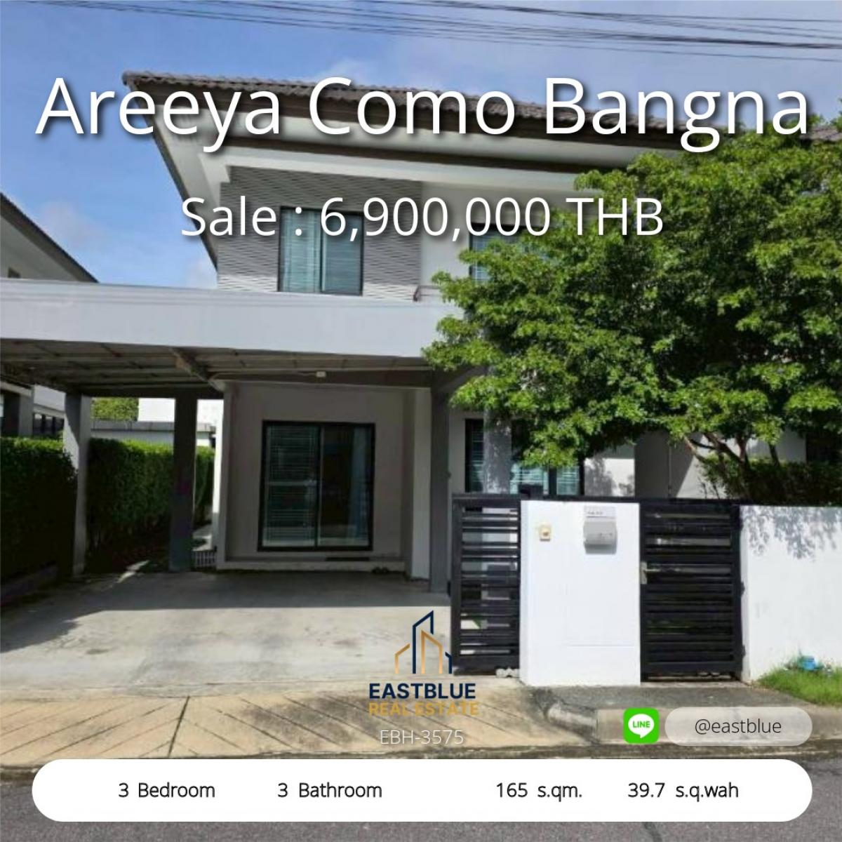 For SaleHouseBangna, Bearing, Lasalle : 3 bedroom detached house in Bangna area Ready to move in, attractive price Areeya Como Bangna 165 sq m. on land 39.7 sq m. Rent 40,000, sell for 6.9 million.