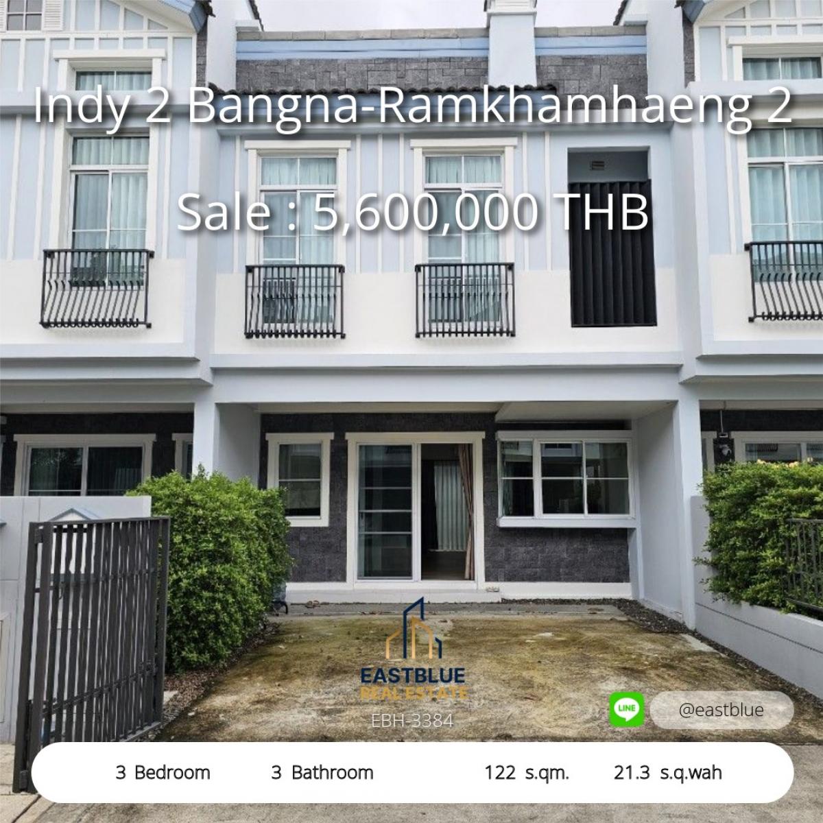 For SaleTownhomeBangna, Bearing, Lasalle : Single house Indy 2 Bangna-Ramkhamhaeng, 3 bedrooms, 3 bathrooms, ready to move in. Cheap rent 55,000 baht, selling for only 5.6 million, next to the main road, close to every convenience.