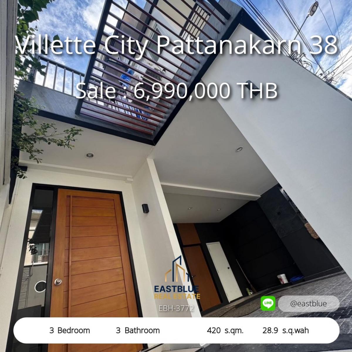 For SaleTownhomePattanakan, Srinakarin : Single house Villette City Pattanakarn 38, modern style, 3 large bedrooms. 
Wide area of 420 sq m., close to the city, with a great selling price of 6.99 million.