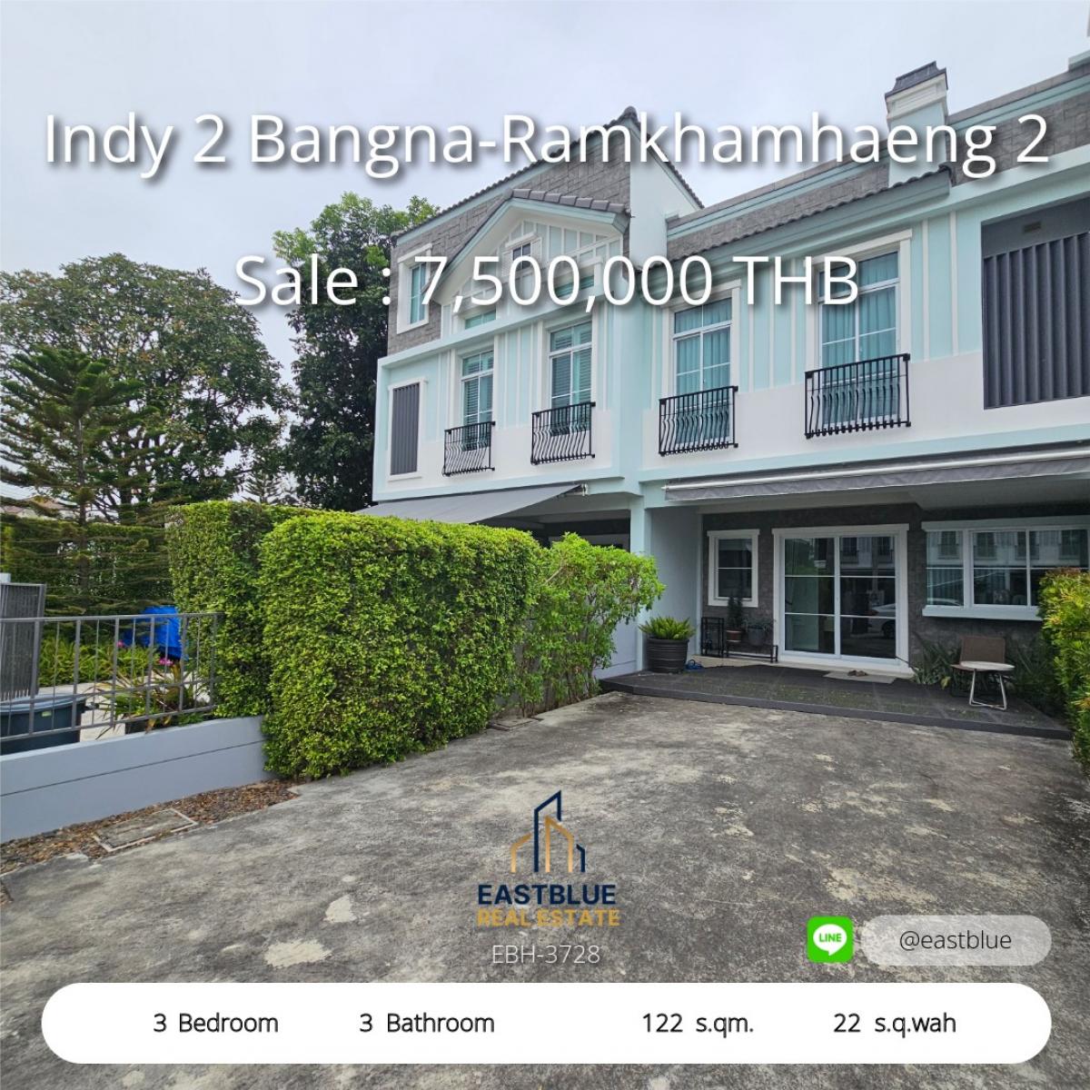 For SaleTownhomeBangna, Bearing, Lasalle : 3 bedroom detached house Indy 2 Bangna-Ramkhamhaeng With a wide area of 122 sq m. 
Special selling price 7 million, close to all conveniences, don't miss it!