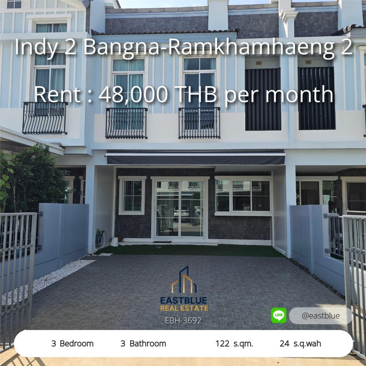 ให้เช่าทาวน์โฮมบางนา แบริ่ง ลาซาล : 28/02/2026, บ้านสวย Indy 2 Bangna-Ramkhamhaeng 3 ห้องนอน พร้อมอยู่ ใกล้เมือง 
เช่าดี 48,000 บาท/เดือน พื้นที่กว้าง 122 ตร.ม. บนที่ดิน 24 ตร.วา