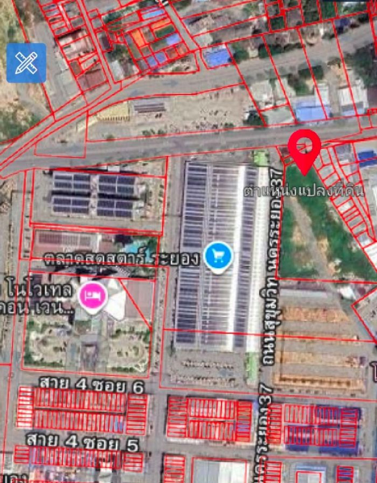 ขายที่ดินระยอง : ขายที่ดินทำเลดีใกล้ตลาดสดสตาร์ ระยอง พื้นที่ 4 ไร่ 63.1 ตร.ว.