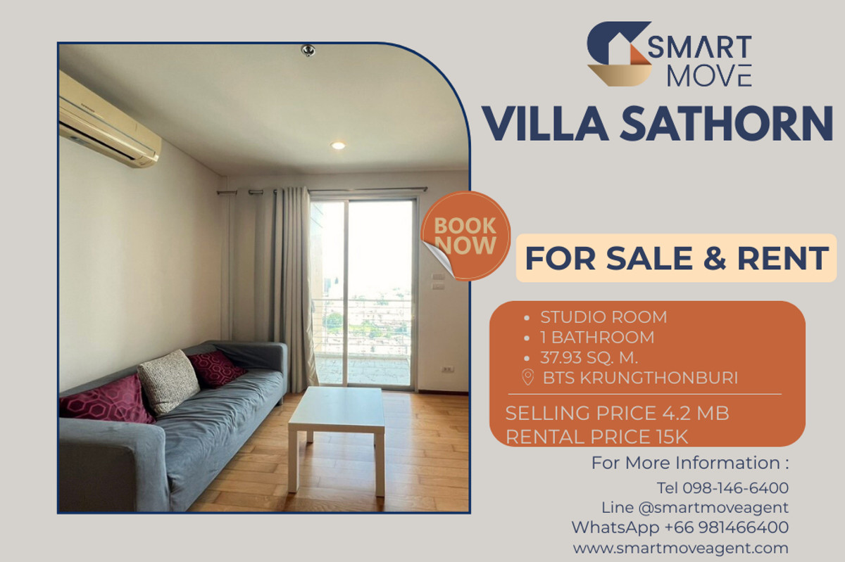 CondoWongwianyai, Charoennakor : 🔥 For Sale - Rent !! high floor 24++, ICONSIAM view!! 🔥 Code C20221204194..........Villa Sathorn, Studio room, 1 bathroom, furnished, ready to move in, Special Deal!!📣📣