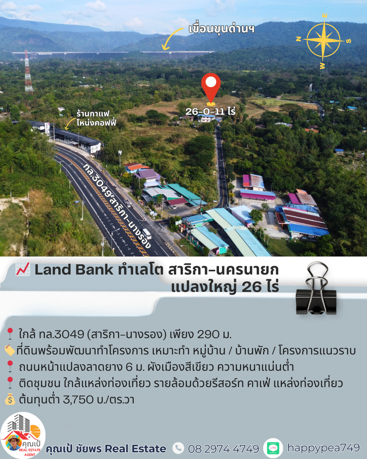 ขายที่ดินนครนายก : 🔥 Developer ต้องรีบดู! ที่ดินจัดสรร 26 ไร่ ใกล้ถนนใหญ่เพียง 290 ม. ต้นทุน ไร่ละ 1.5 ล้าน — ทำโครงการได้จริง เห็นกำไรชัด 📈