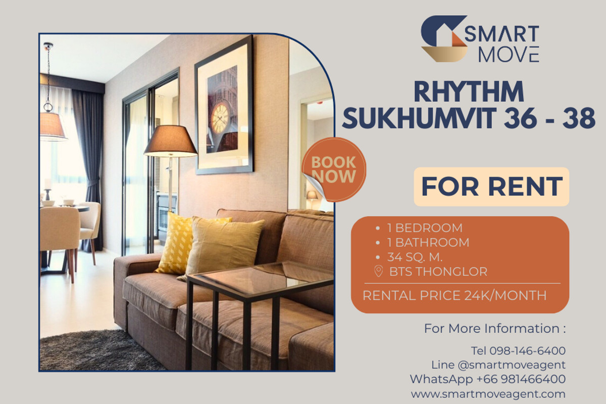 For RentCondoSukhumvit, Asoke, Thonglor : 🔥 For Rent !! high floor !! 🔥 Code C20230203103..........Rhythm Sukhumvit 36 - 38, 1 bedroom, 1 bathroom, furnished, ready to move in📣📣