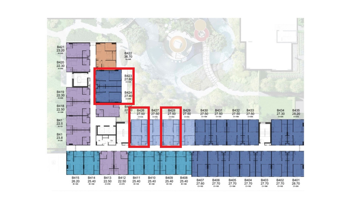 ขายคอนโดปทุมธานี รังสิต ธรรมศาสตร์ : Kavalon ตึก B  (ตึกโซนหน้า) วิวใน วิวสระขนาดใหญ่ แบบ 1 Bed Exclusive 27.5 ตร.ม และ 1 Bed Exclusive Walk In Closet
