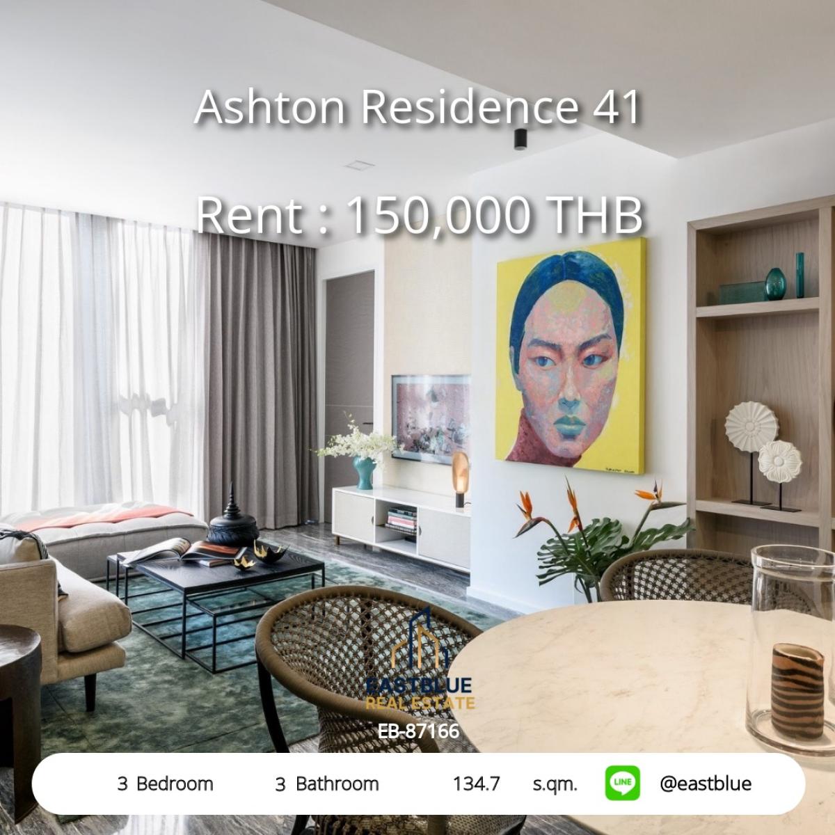 For RentCondoSukhumvit, Asoke, Thonglor : Luxurious 3-bedroom Ashton Residence 41 near BTS Phrom Phong
For rent at only 150,000 Baht/month. Beautiful view, spacious size of 134.7 sq.m.