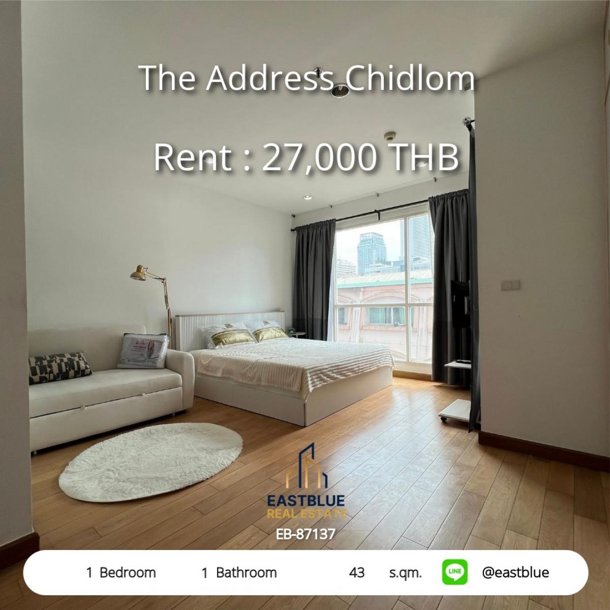 For RentCondoWitthayu, Chidlom, Langsuan, Ploenchit : Rent a luxury 1-bedroom condo at The Address Chidlom, with a city view in the heart of Chidlom for only 27,000 Baht/month, complete with a swimming pool & fitness center, near BTS Chidlom!