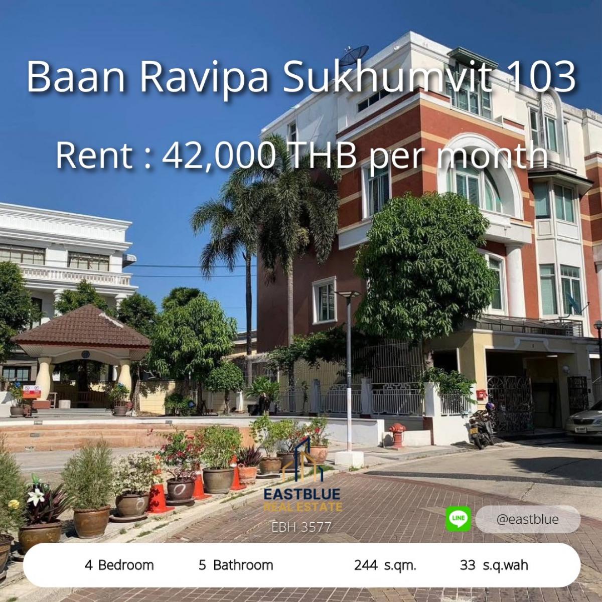 For RentTownhomeOnnut, Udomsuk : Townhome for rent, 4 floors, 4 bedrooms, Ravipha Sukhumvit 103, near gardens and the main road. Corner house with complete air conditioning, ready to move in, parking for 4 cars, good price, call now!