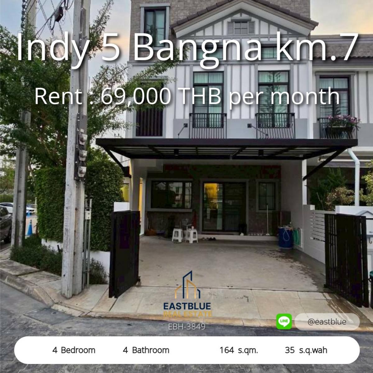 For RentTownhomeBangna, Bearing, Lasalle : House for rent Indy 5 Bangna, 4 bedrooms, ready to move in, near Mega Bangna, coming soon! 
Corner house, fully furnished, clubhouse, fitness center, great value, only 69,000 baht/month.