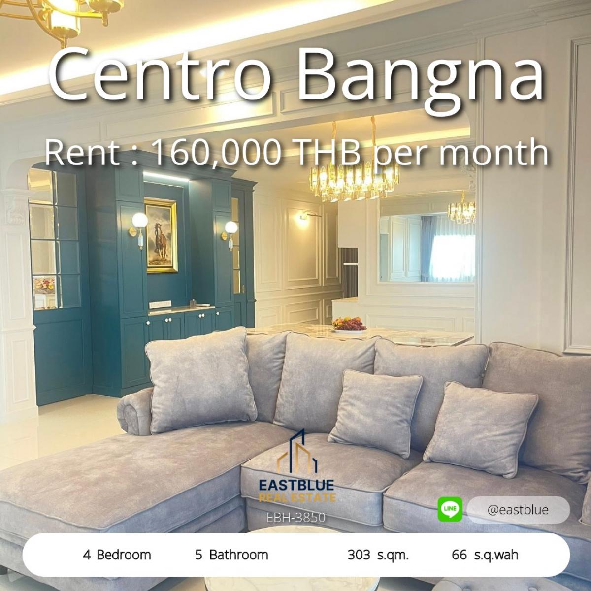 For RentHouseBangna, Bearing, Lasalle : Beautiful house Centro Bangna 4 bedrooms, 303 sq m., near BTS, for rent 160,000 baht/mo. 
Good opportunity! Large land of 66 sq m with a luxury 4 bedroom house, waiting to be yours.