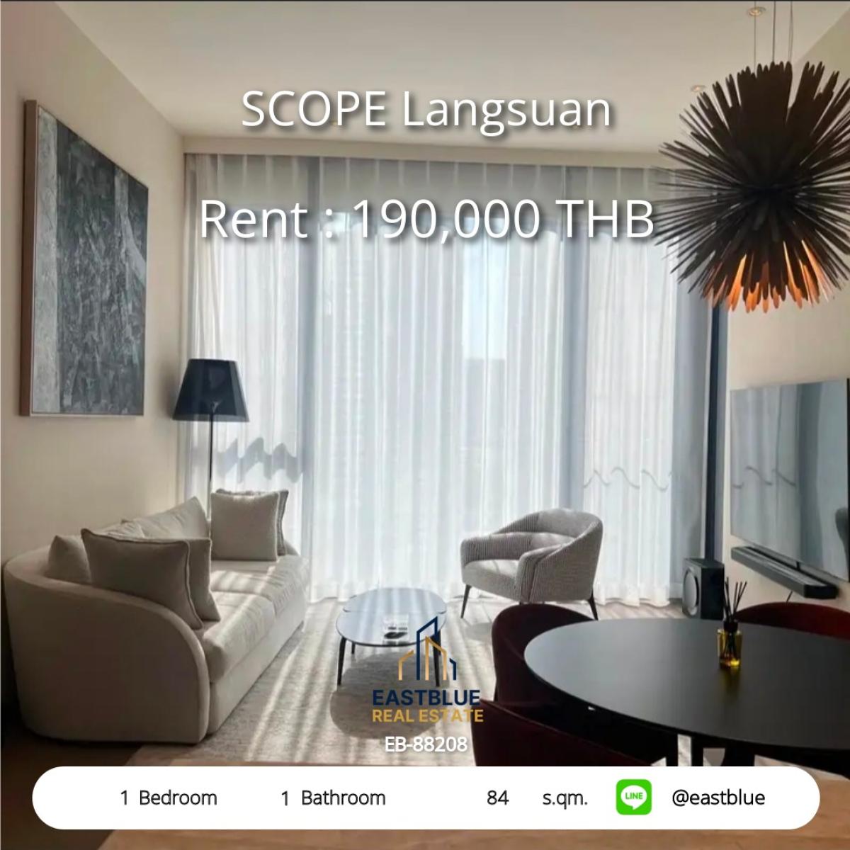 For RentCondoWitthayu, Chidlom, Langsuan, Ploenchit : Rent a luxury condo at SCOPE Langsuan, 1 bedroom, 84 sq.m. in the heart of Chidlom
with a beautiful city view, including a 5-star fitness center and swimming pool, for 190,000 baht/month!