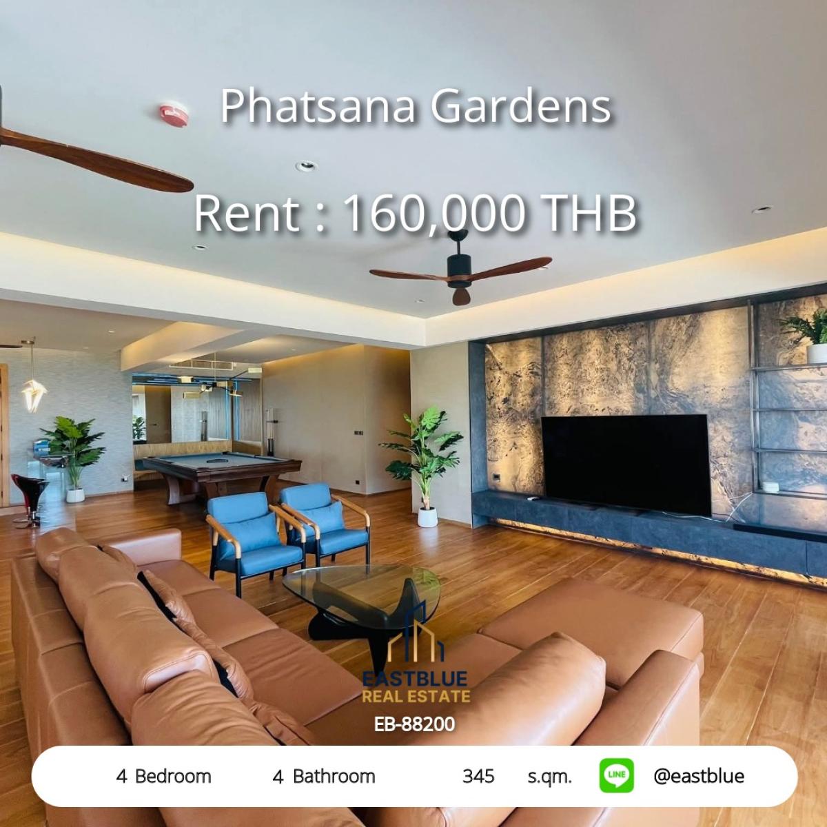 For RentCondoPathum Thani,Rangsit, Thammasat : Luxury at Phatsana Gardens 4-bedroom, ready to move in, near Ekkamai BTS
Rent this large condo of 345 sq.m. for only 160,000 Baht/month!