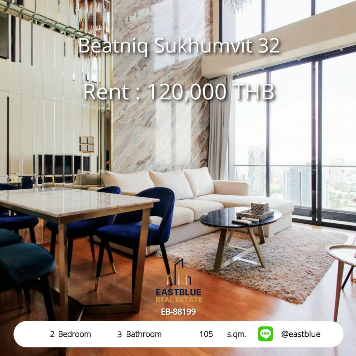 ให้เช่าคอนโดสุขุมวิท อโศก ทองหล่อ : Luxury 2-Bed Condo for Rent at Beatniq Sukhumvit 32 – Near BTS Thong Lo! 
Spacious 105 sqm, Facilities & Prime Location – 120,000 THB/month!