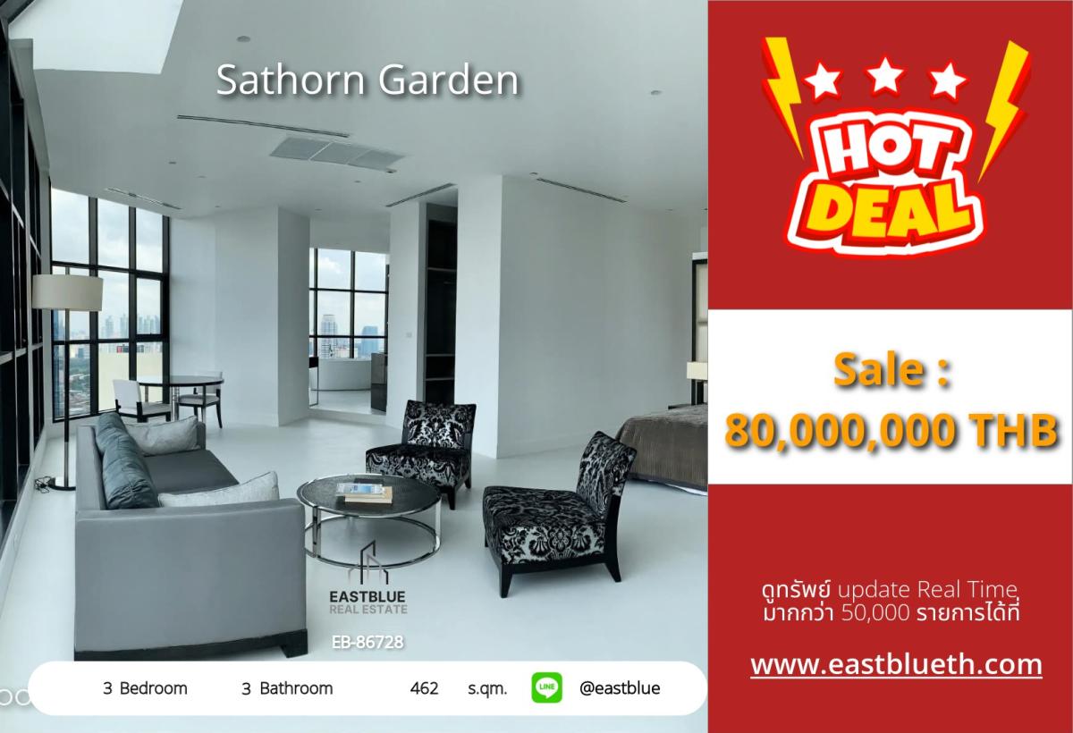 ขายคอนโดสาทร นราธิวาส : ราคาจริงรวมค่าใช้จ่ายแล้วLuxury 3-Bedroom Condo at Sathorn Garden – 462 sqm, Prime Lumpini Location! 
Only 80M THB – Near Top Hospitals & Schools, Exclusive Amenities Await!