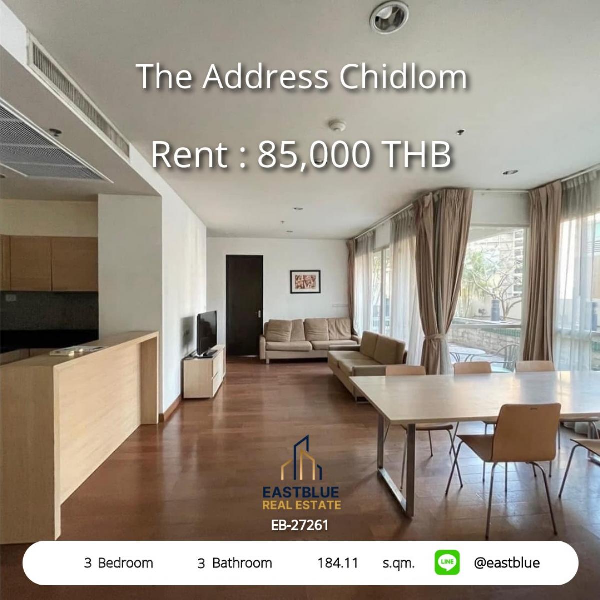 ให้เช่าคอนโดวิทยุ ชิดลม หลังสวน : 28/01/2026, Luxury 3 Bedroom Condo for Rent at The Address Chidlom – Prime BTS Location! 
Spacious 184 sqm, 85,000 THB/month, Near Central Chidlom & Central World!