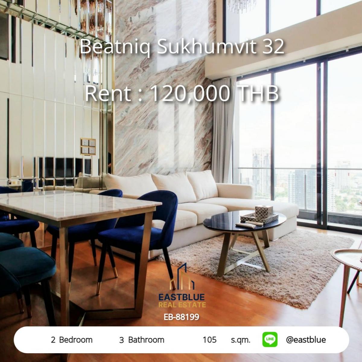 ให้เช่าคอนโดสุขุมวิท อโศก ทองหล่อ : 28/01/2026, Luxury 2-Bed Condo for Rent at Beatniq Sukhumvit 32 – Near BTS Thong Lo! 
Spacious 105 sqm, Facilities & Prime Location – 120,000 THB/month!