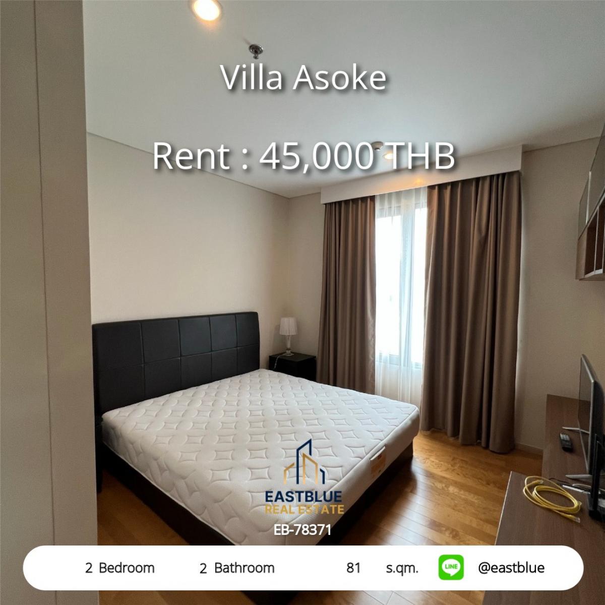 For RentCondoRama9, Petchburi, RCA : For rent: Villa Asoke condominium, 2 bedrooms, near BTS Phetchaburi
Area 81 sq.m., only 45,000 baht/month, fully equipped facilities!