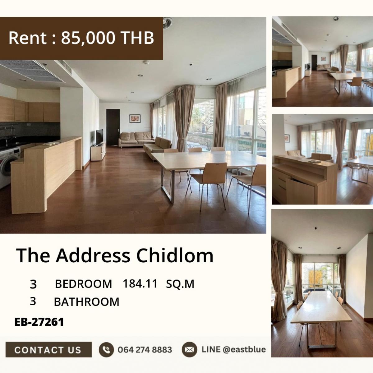 ให้เช่าคอนโดวิทยุ ชิดลม หลังสวน : 07/03/2026, Luxury 3 Bedroom Condo for Rent at The Address Chidlom – Prime BTS Location! 
Spacious 184 sqm, 85,000 THB/month, Near Central Chidlom & Central World!