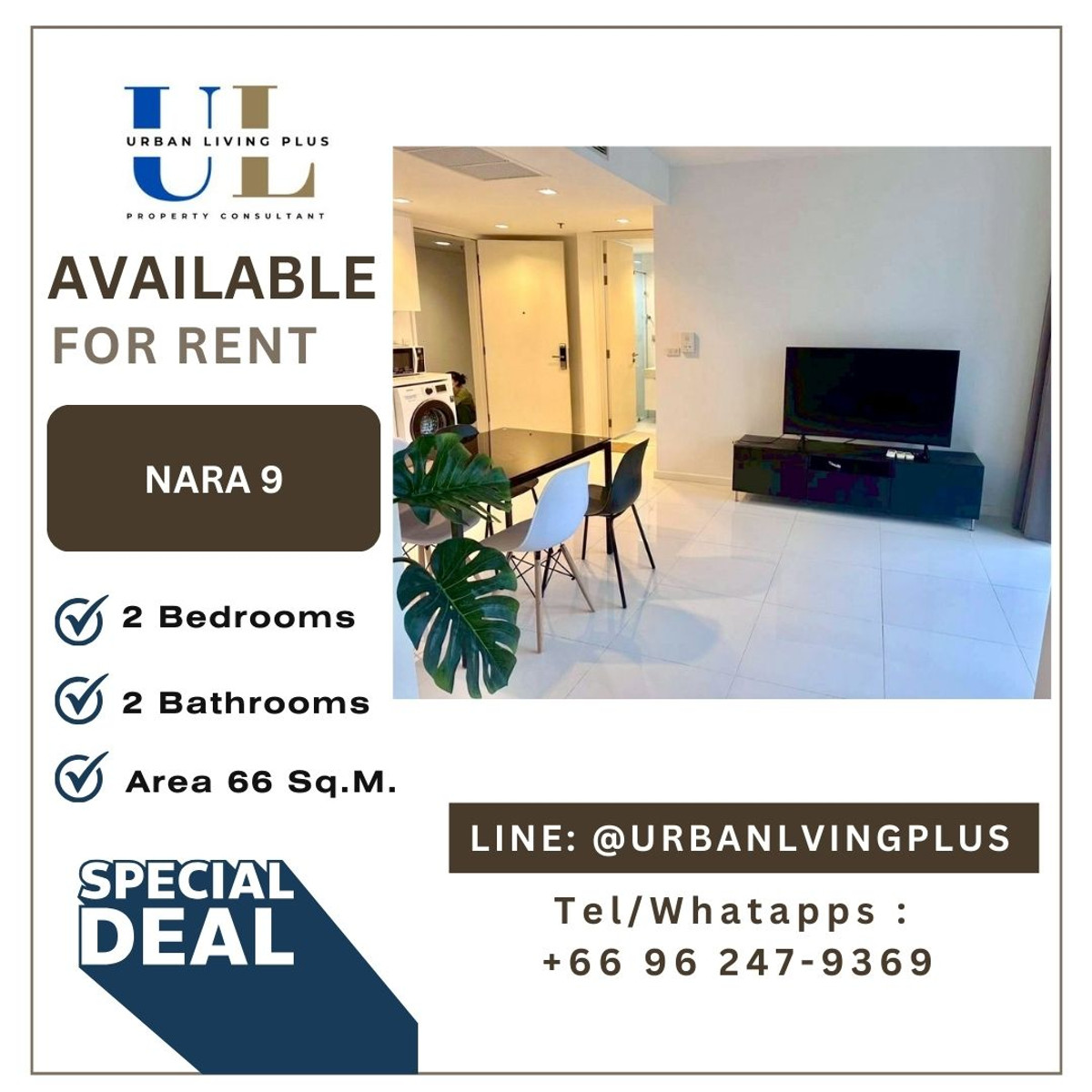 For RentCondoSathorn, Narathiwat : ( UL2601091 ) Tel/Line 096-2479369 , FOR RENT!! Nara9 Condo 2 bedrooms, 2 bathrooms, 66 Sq.M. Nice room !!! 🔥🔥🔥