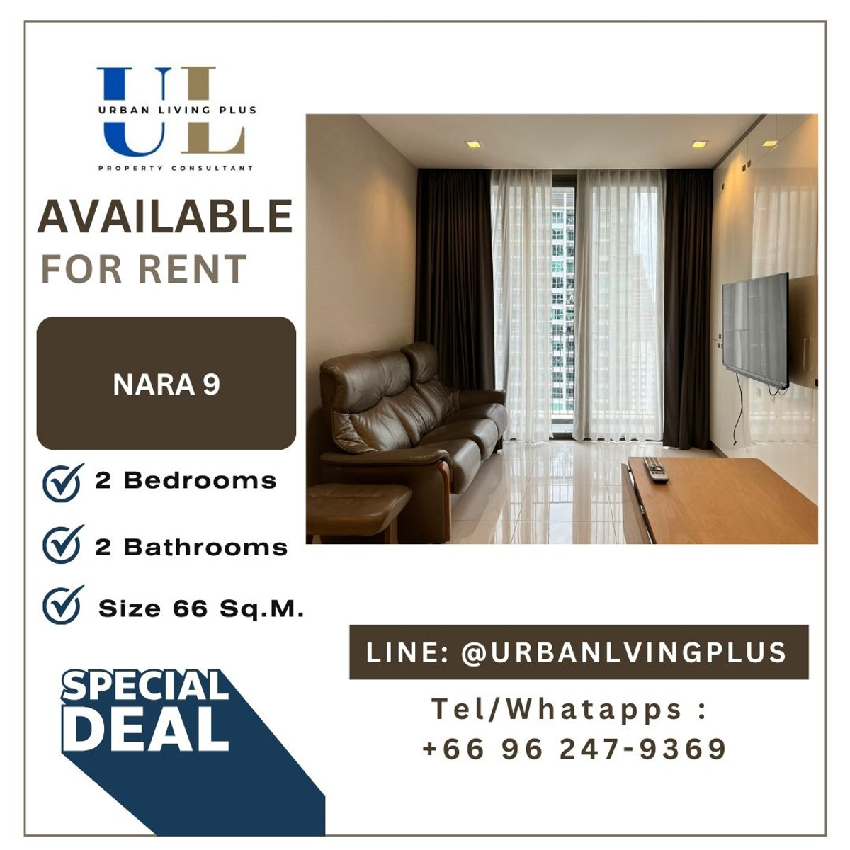 ให้เช่าคอนโดสาทร นราธิวาส : ( UL23070715 ) Tel/Line 096-2479369 !! ให้เช่า นาราไนท์ 2 ห้องนอน 2 ห้องน้ำ 66 ตร.ม. ห้องสวย ทิศเหนือ !!! 🔥🔥🔥