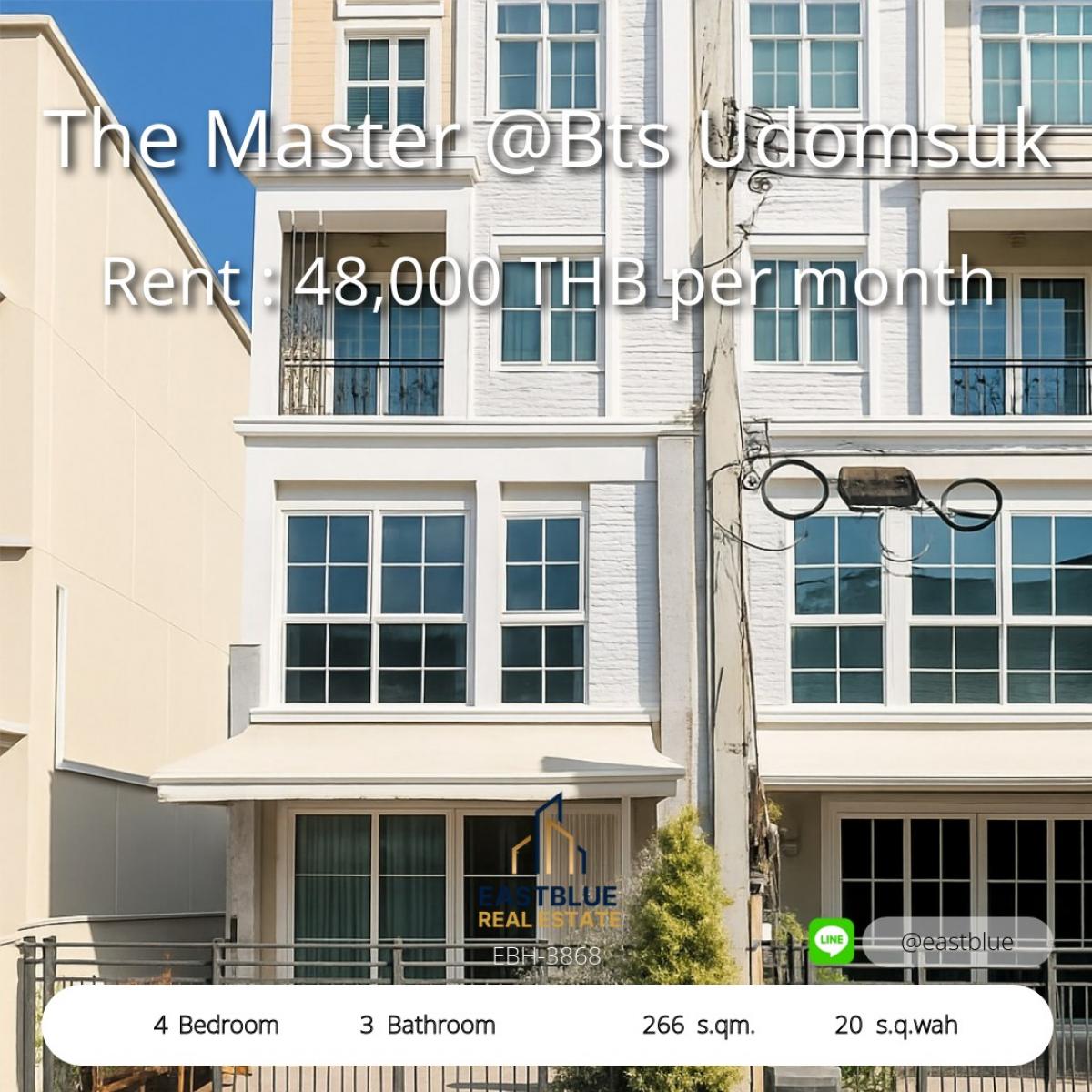 For RentTownhomeOnnut, Udomsuk : Single house, 4 bedrooms, 3 bathrooms, near BTS Udomsuk. 
Usable area is 266 sq m on 20 sq m of land, ready to rent 48,000 baht/month.