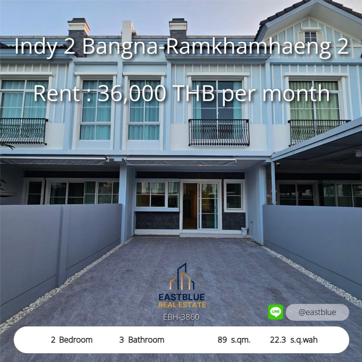 For RentTownhomeBangna, Bearing, Lasalle : Single house Indy 2 Bangna-Ramkhamhaeng 2 
2 bedrooms, 3 bathrooms with wide space. Near Central Bangna