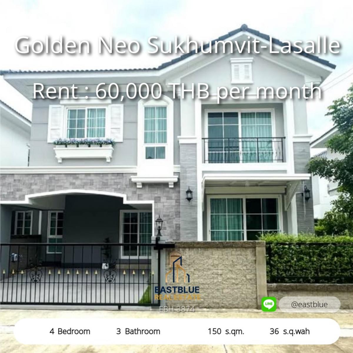 For RentHouseSamut Prakan,Samrong : Luxury 4 bedroom house, Sukhumvit-La Salle, ready to move in, near BTS. 
Rent 62,500 baht/month, comfortable, complete with all functions.