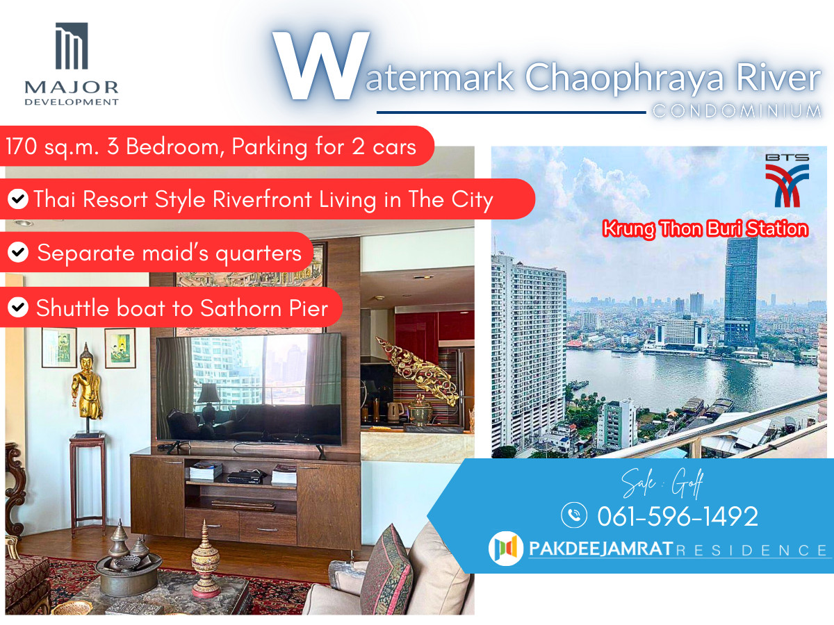 For RentCondoWongwianyai, Charoennakor : Beautiful room ready for rent For rent Watermark Chaophraya River 170sq.m. 3-Bedroom, 3-Bathroom, Parking for 2 cars, Separate maid’s quarters