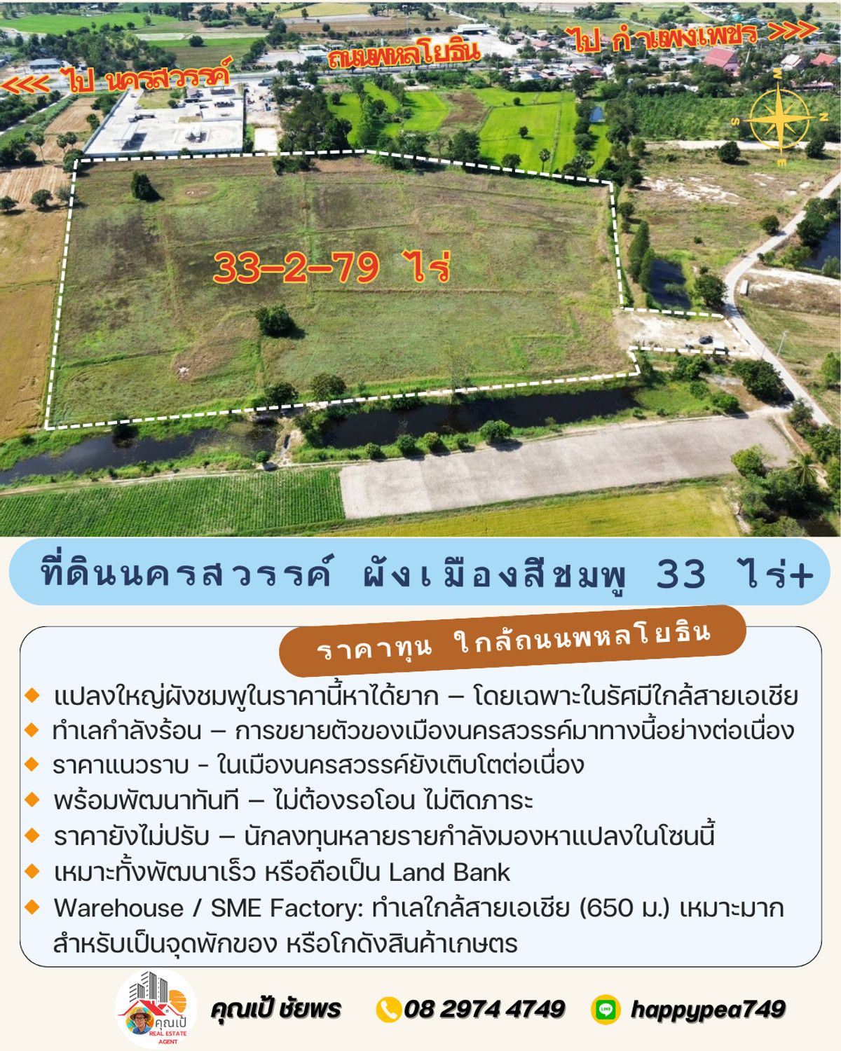 For SaleLandNakhon Sawan : 🔥 Developer must see! Land in Nakhon Sawan, 33 rai, pink layout, near Asian Highway. Nong Kradon-Nakhon Sawan