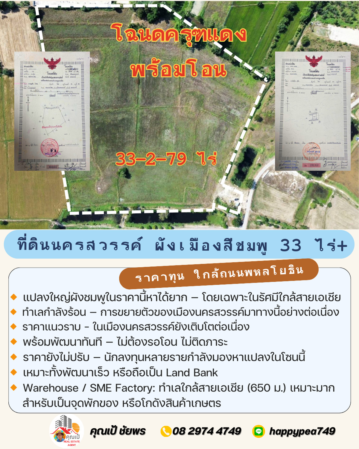 For SaleLandNakhon Sawan : 🔥 Developer must see! Land in Nakhon Sawan, 33 rai, pink layout, near Asian Highway. Nong Kradon-Nakhon Sawan