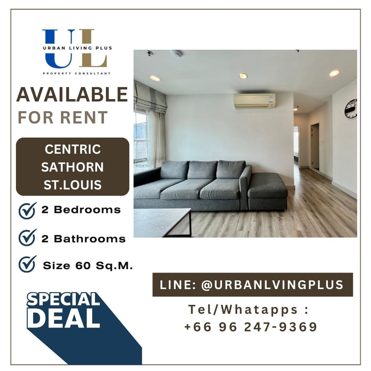For RentCondoSathorn, Narathiwat : ( UL2502181 ) Tel/Line 096-2479369, FOR RENT!!!  Centric Sathorn St.louis  2 BEDROOM 2 BATHROOM 60 SQ.M. High Floor, RARE ITEM